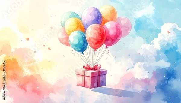 Fototapeta An image illustration of a surprise overflowing with joy and happiness, featuring a box and balloons drifting in the air