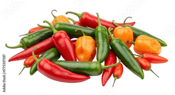 Fototapeta Pile of colorful hot chili peppers isolated on transparent background, close up