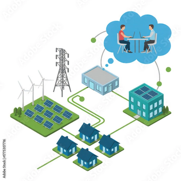 Fototapeta Illustration of a smart grid with renewable energy sources isolated on transparent background