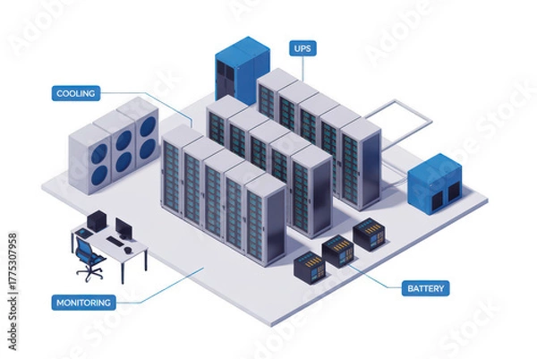 Fototapeta Isometric illustration of a server room isolated on transparent background