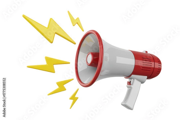 Fototapeta Red and white megaphone with yellow lightning bolts isolated on transparent background