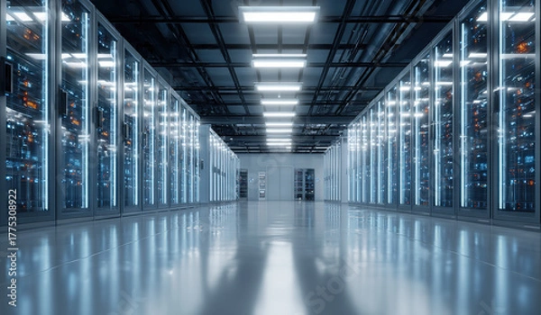Fototapeta Server racks in data center corridor - Technology interior - Digital infrastructure