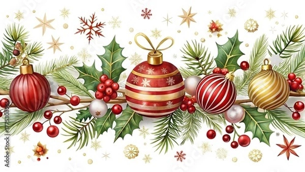 Obraz A festive christmas garland with red and gold ornaments, holly berries, and pine branches, isolated on white background