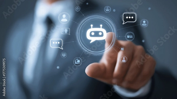 Obraz marketer using ai chatbot interface for customer engagement, soft focus background
