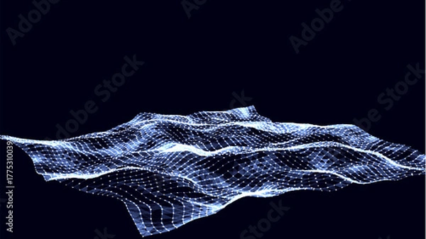 Obraz Abstract technology wave of particles. Big data visualization. Vector dark background with motion dots and lines. Artificial intelligence.