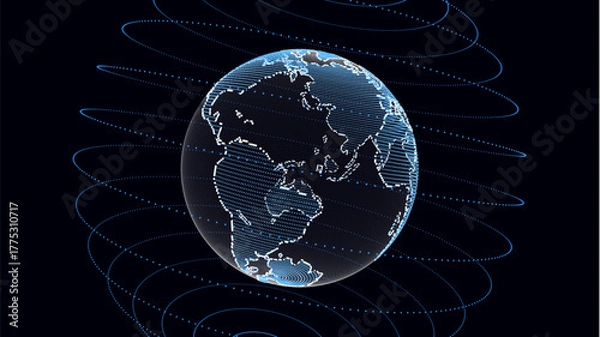 Obraz Virtual planet Earth with particles and lines. Network connection big data. Vector abstract technology blue background.