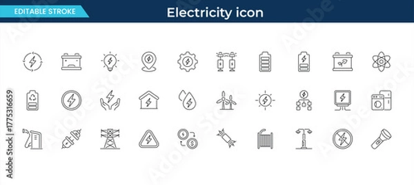 Fototapeta Power and electricity icons, energy source, battery, and renewable current vector