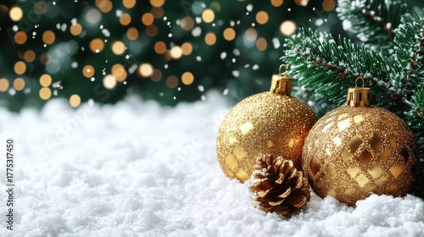 Obraz Golden ornaments and pine cone decorate a snowy scene for a festive winter celebration Generative AI