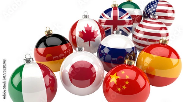 Fototapeta Festive holiday ornaments showcasing flags of the world, a symbol of global unity and celebration, perfect for seasonal greetings and international themes