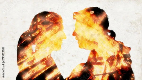 Fototapeta Couple silhouette kissing, double exposure with fire and explosion background. Romantic intimacy contrasted with intense flames creates powerful visual metaphor. Passion, desire, relationship.
