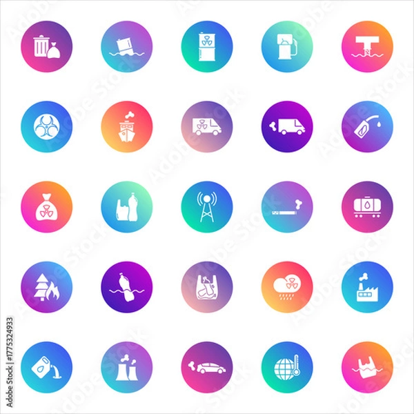 Obraz Environment, industry, sustainability. Vector set of 25 round gradient icons featuring eco transport, recycling, pollution, climate, energy, and industrial concepts for UI and infographics.