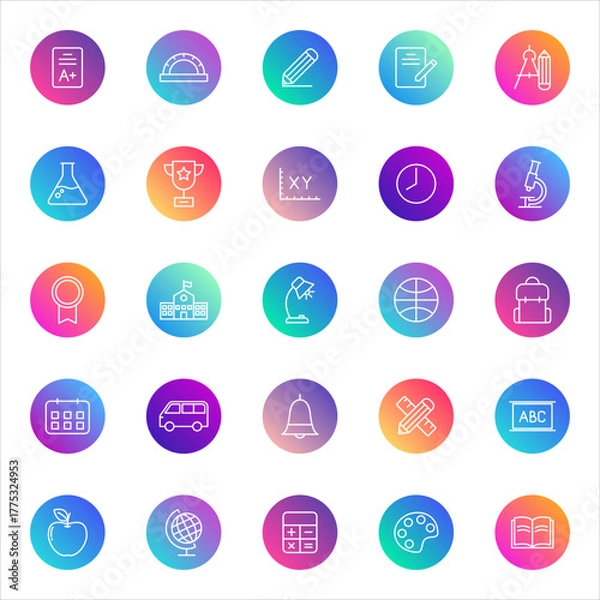 Fototapeta Education, school, learning. Vector set of 25 round gradient icons featuring academic tools, science, math, art, sports, and classroom elements for UI and educational design.