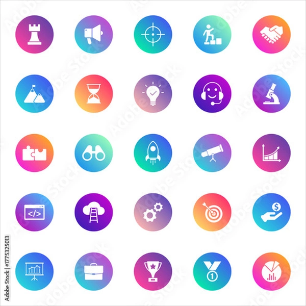 Fototapeta Business, technology, productivity. Vector set of 25 round gradient icons featuring strategy, growth, innovation, teamwork, finance, and success symbols for UI, apps, and presentations.