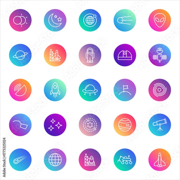 Obraz Space, astronomy, exploration. Vector set of 25 round gradient icons featuring rockets, planets, astronauts, telescopes, satellites, galaxies, and cosmic elements for UI and science design.