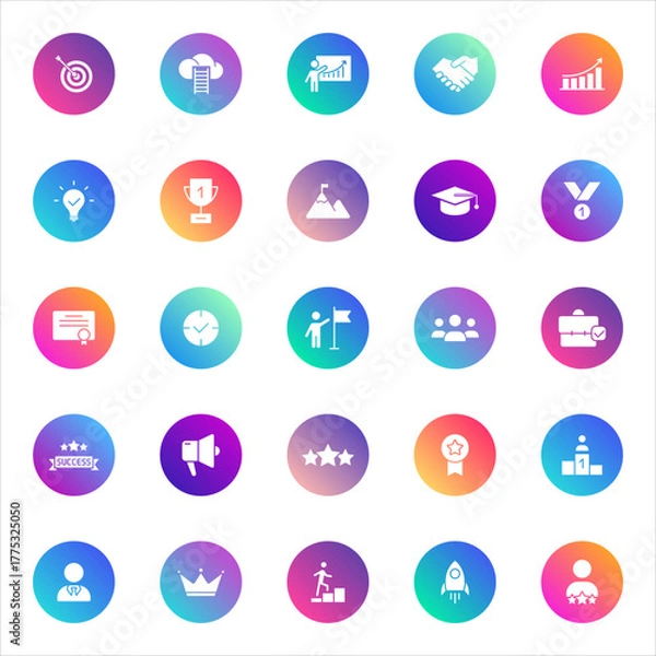 Fototapeta Business, achievement, productivity. Vector set of 25 round gradient icons featuring goals, success, teamwork, leadership, innovation, and recognition for UI, apps, and presentations.