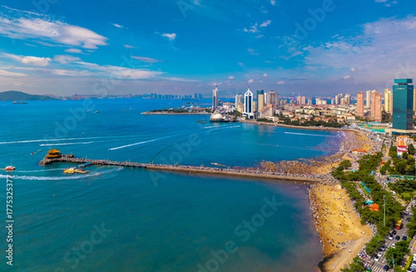 Fototapeta Aerial view of Zhanqiao Scenic Area in Qingdao, China