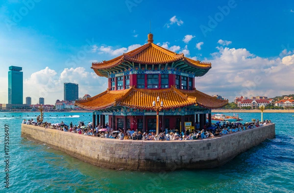 Fototapeta Aerial view of Zhanqiao Scenic Area in Qingdao, China