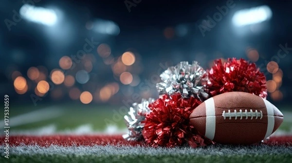 Obraz American football with red and silver pom-poms on grass field under stadium lights