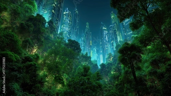 Fototapeta A low-angle view from a dense forest looking up at a futuristic city skyline with tall, glowing skyscrapers. Concept of green technology, sustainable living, and harmony between nature and city