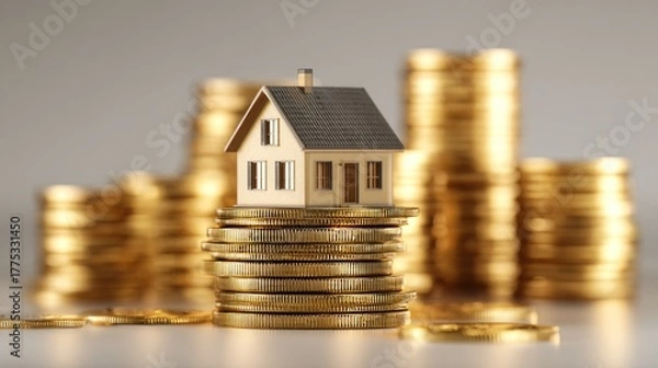 Obraz Miniature house model sitting on stack of gold coins representing financial stability wealth concept