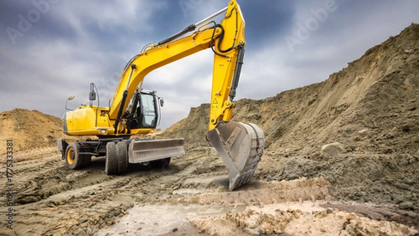 Fototapeta A large yellow excavator digs into the sandy ground at a construction site. Dark clouds loom overhead, creating a dramatic backdrop for the busy work