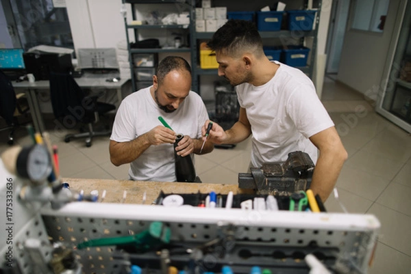 Obraz Two orthopedic specialists assembling artificial limb together