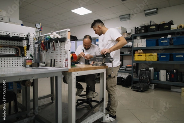 Obraz Two technicians collaborating on prosthetic arm in workshop