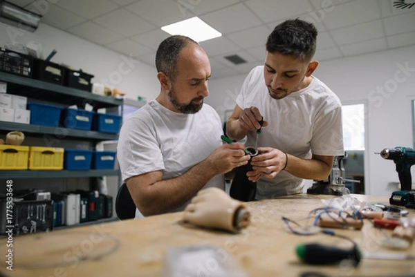 Obraz Two orthopedic specialists assembling artificial limb together