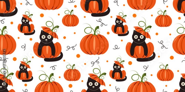 Fototapeta Halloween Wrapping Paper template design. Vector illustration of cute black cat and pumpkin seamless pattern. Perfect Halloween wallpaper Wrap Paper layout. EPS 10