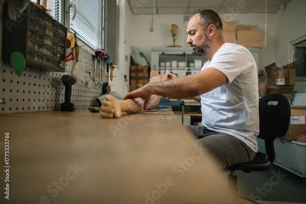 Obraz Skilled craftsman adjusting prosthetic arm components