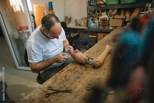 Obraz Orthopedic prosthetist assembling a prosthetic arm in workshop