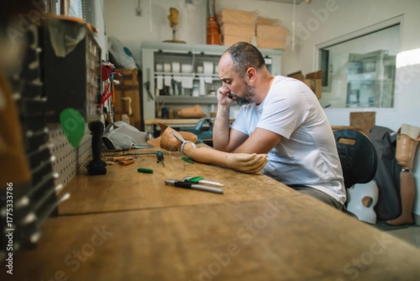 Obraz Technician speaking on the phone while working at the prosthetics lab