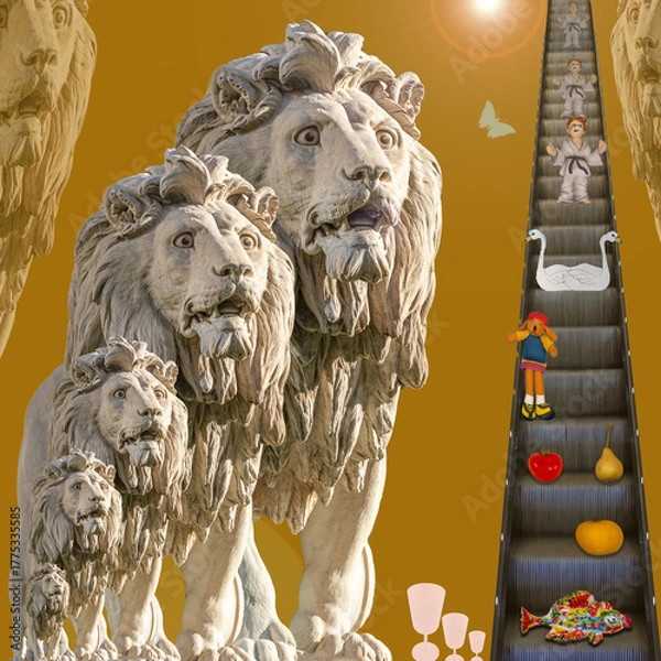Fototapeta DREAM N°59 – The Lions’ Stairway, surreal vision of statues, symbols and rising light