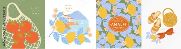 Fototapeta Amalfi. Vector summer mediterranean illustrations of italian coast, lemons, pattern, tomato in wicker string bag, sandals with bag and sunglasses for postcard, poster or background