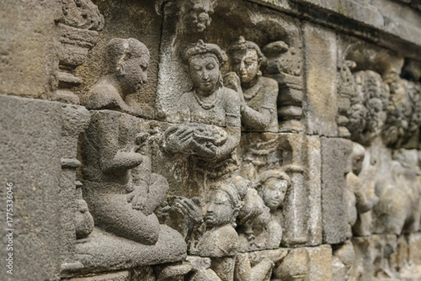 Obraz Historic wall carvings at Borobudur, Central Java heritage