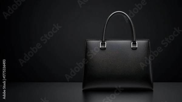 Fototapeta A sleek, black handbag with a glossy finish rests on a dark surface, creating an elegant and sophisticated look against a minimalistic background.