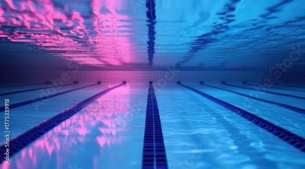 Obraz Underwater view of a swimming pool lane with vibrant pink and blue lighting
