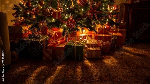 Fototapeta Festive christmas tree scene with presents illuminating a warm interior setting