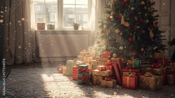 Fototapeta Festive Christmas Tree with Gifts and Glowing Sunlight in a Cozy Room