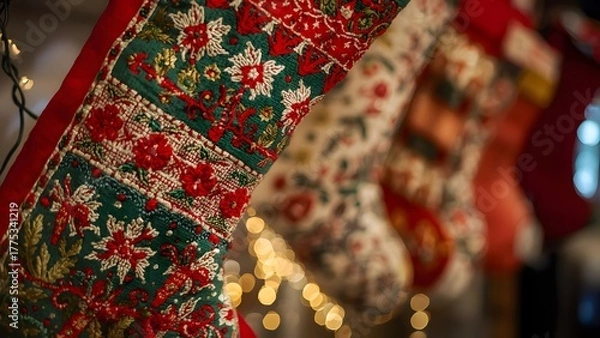 Fototapeta Festive display of decorative Christmas stockings hung with bokeh lights