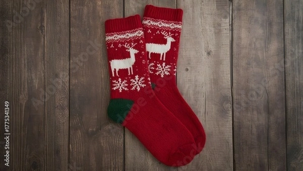 Fototapeta Festive holiday cheer knitted red christmas socks with reindeer design