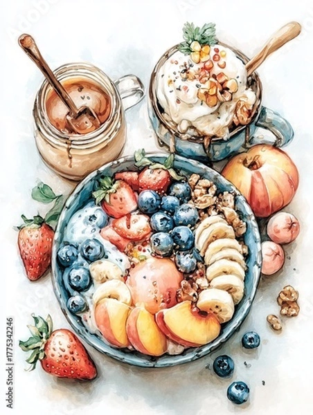 Fototapeta Colorful breakfast plate with pancakes, fruits, and coffee served in a cozy cafe setting