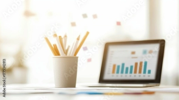 Fototapeta A workspace with a laptop displaying graphs, a pencil holder filled with pencils, and colorful charts in the background.