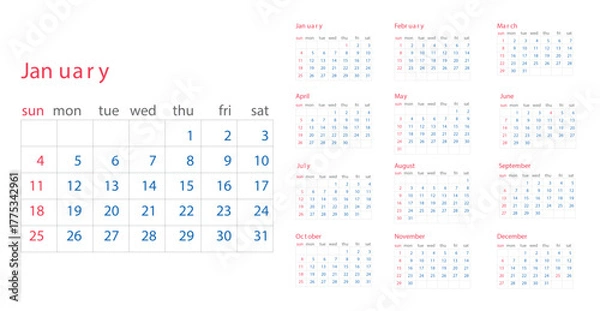 Fototapeta set calendar 2026 with simple and modern design 
