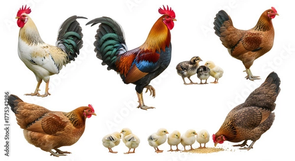 Fototapeta A vibrant collection of farm poultry, featuring majestic roosters, brown hens, and adorable fluffy chicks isolated on a pure white background