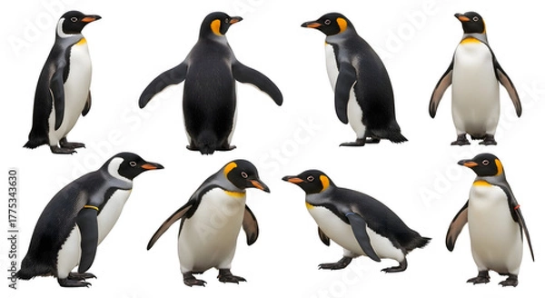 Fototapeta A collection of eight majestic King Penguins isolated on a white background, showcasing a variety of different poses and postures