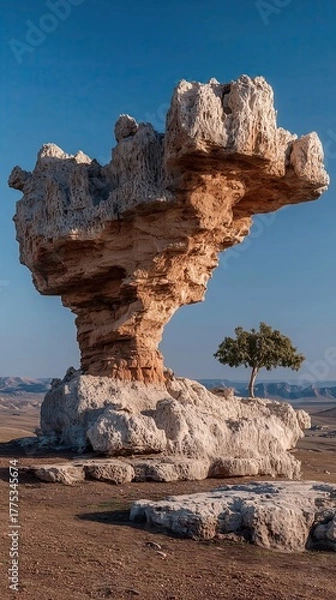 Obraz Stunning rock formation with tree overlooking a valley during daylight in the mountains