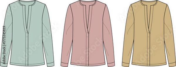 Obraz Three different colored women's tops in a row, featuring a V-neckline and long sleeves