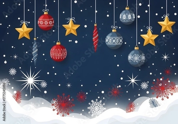 Fototapeta Festive christmas ornaments and snowflakes against a dark blue night sky, creating a magical winter holiday scene with a sense of wonder and celebration