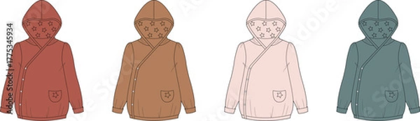 Obraz Collection of adorable baby and toddler hooded wrap tops in various soft color palettes, perfect for versatile children's apparel design and comfortable everyday wear